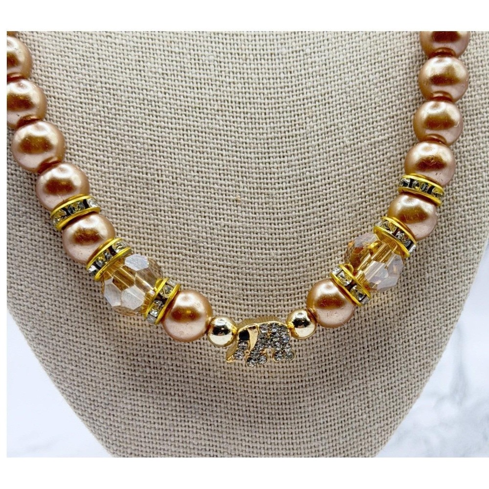Golden Bronze 8mm Bead Elephant Pendant Necklace Rhinestone 18-20"